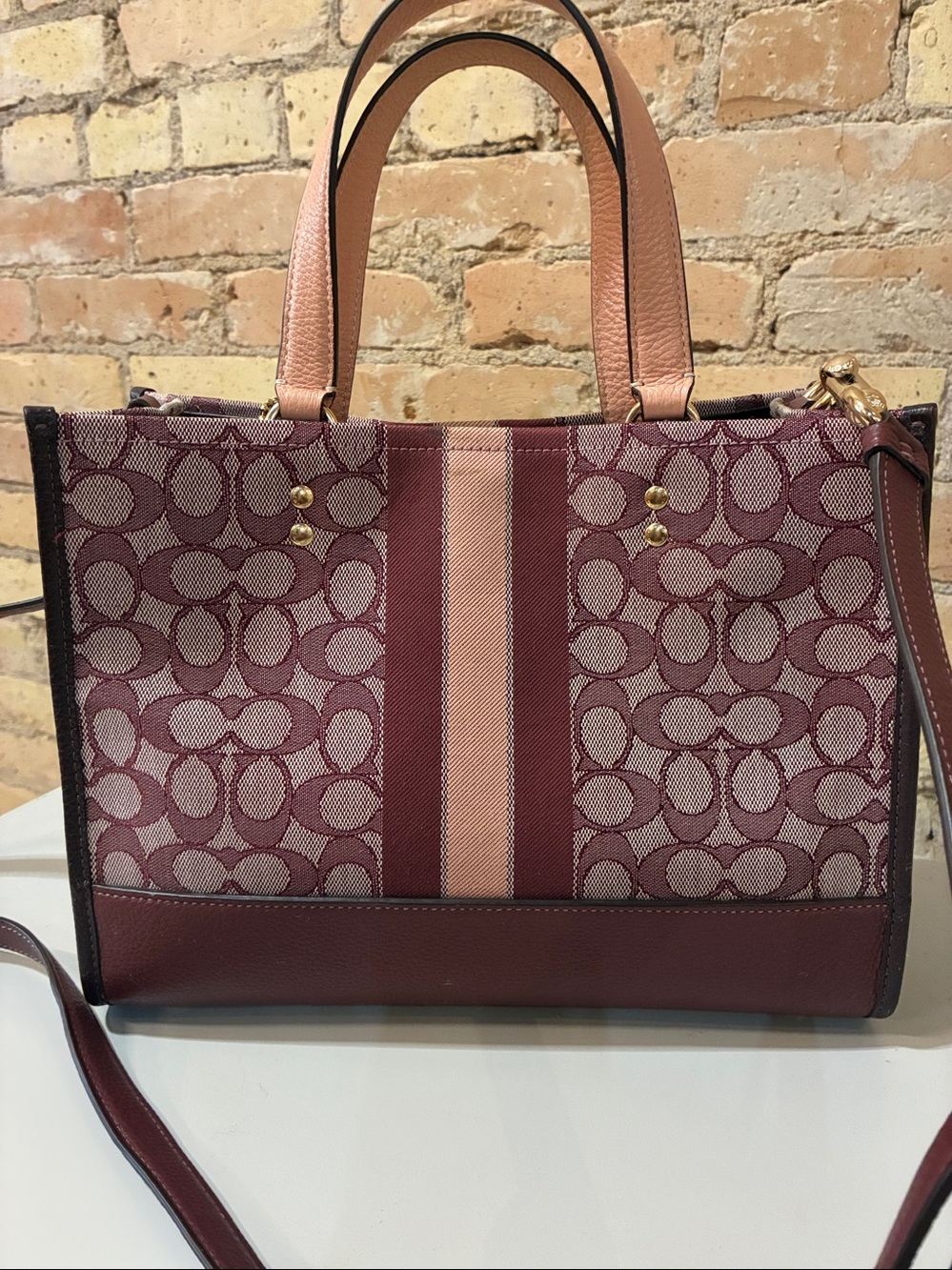 Coach C8448 Dempsey Burgundy and Cream Signature Stripe Satchel - Picture 4 of 8